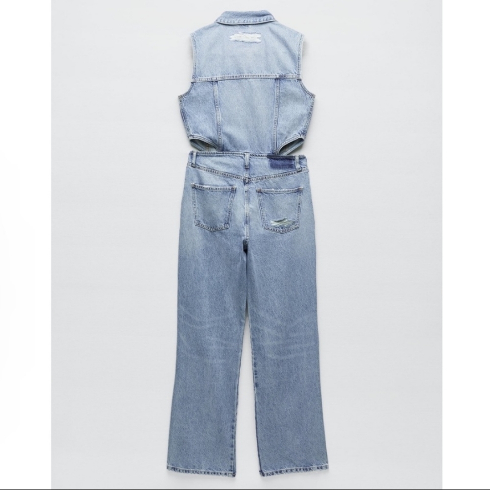 Zara Full Length Cut Out Denim Jumpsuit - Picture 7 of 9